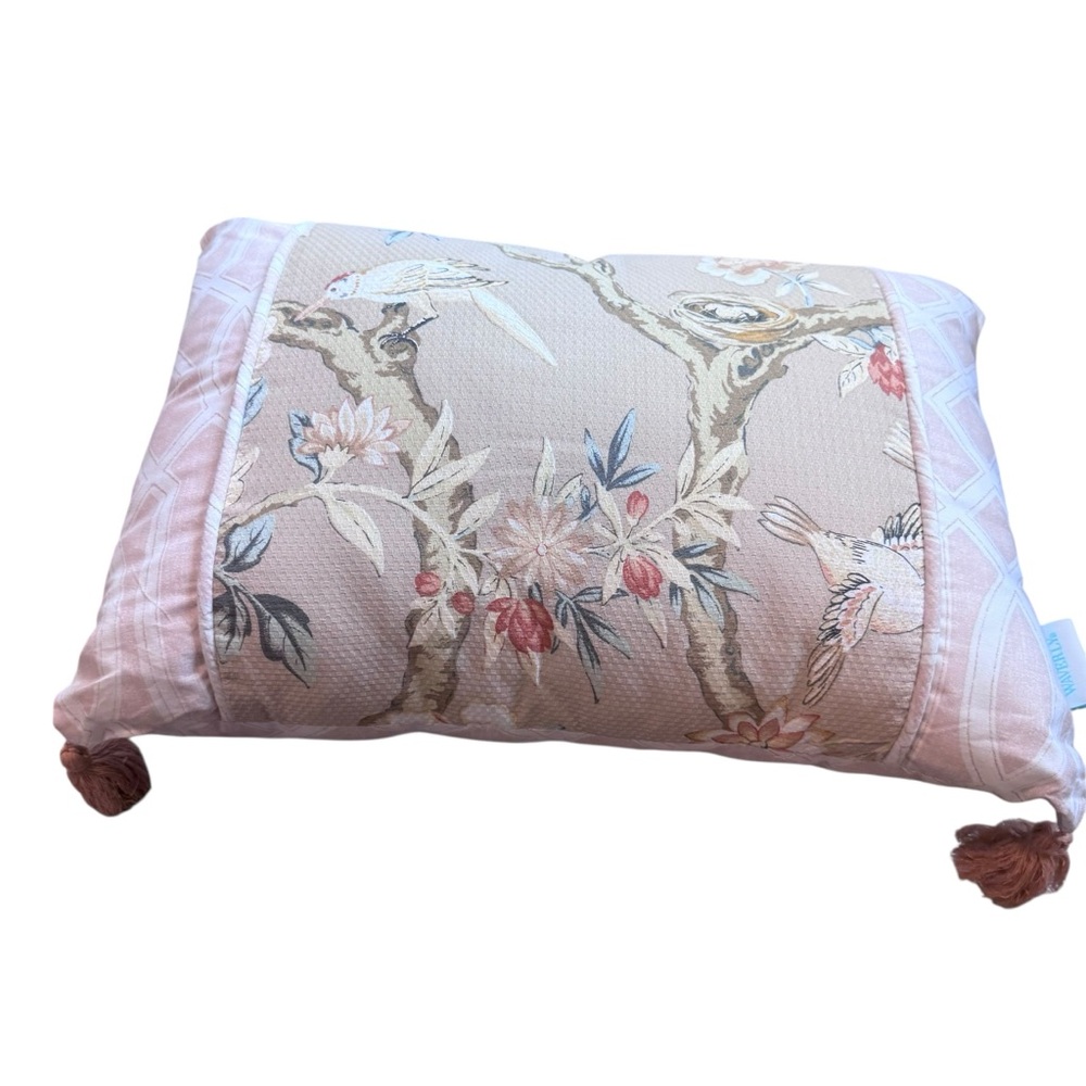 Waverly Mudan Cotton Throw Pillow 14 x 20 Floral Birds Pink with Tassels